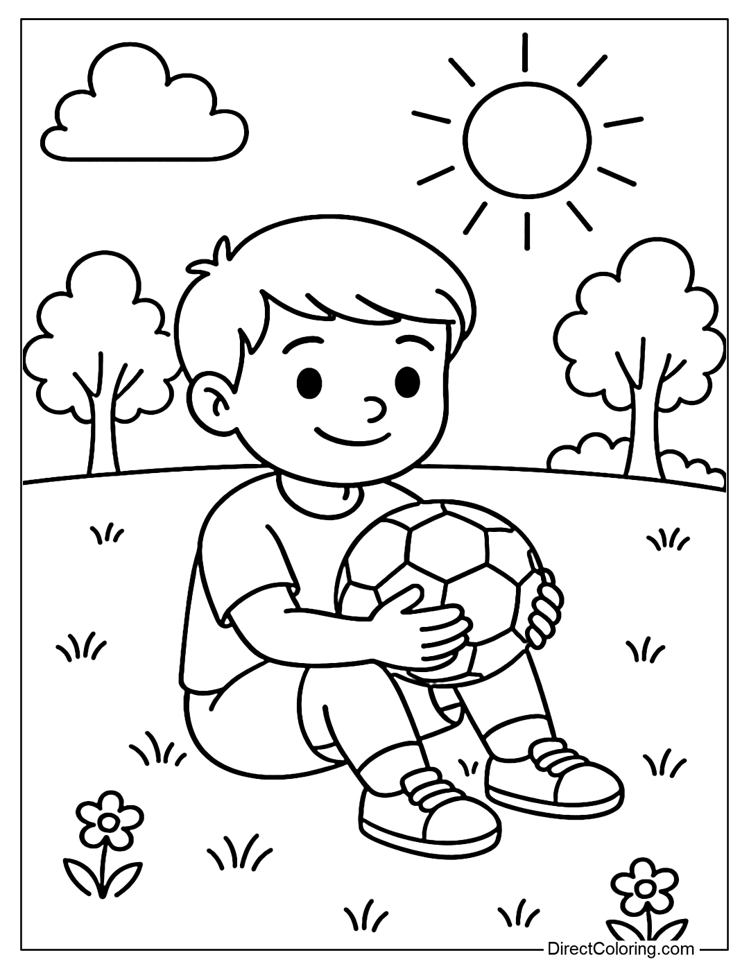 Coloring page of a child sitting alone in the yard, holding a ball, in the gentle summer sun.